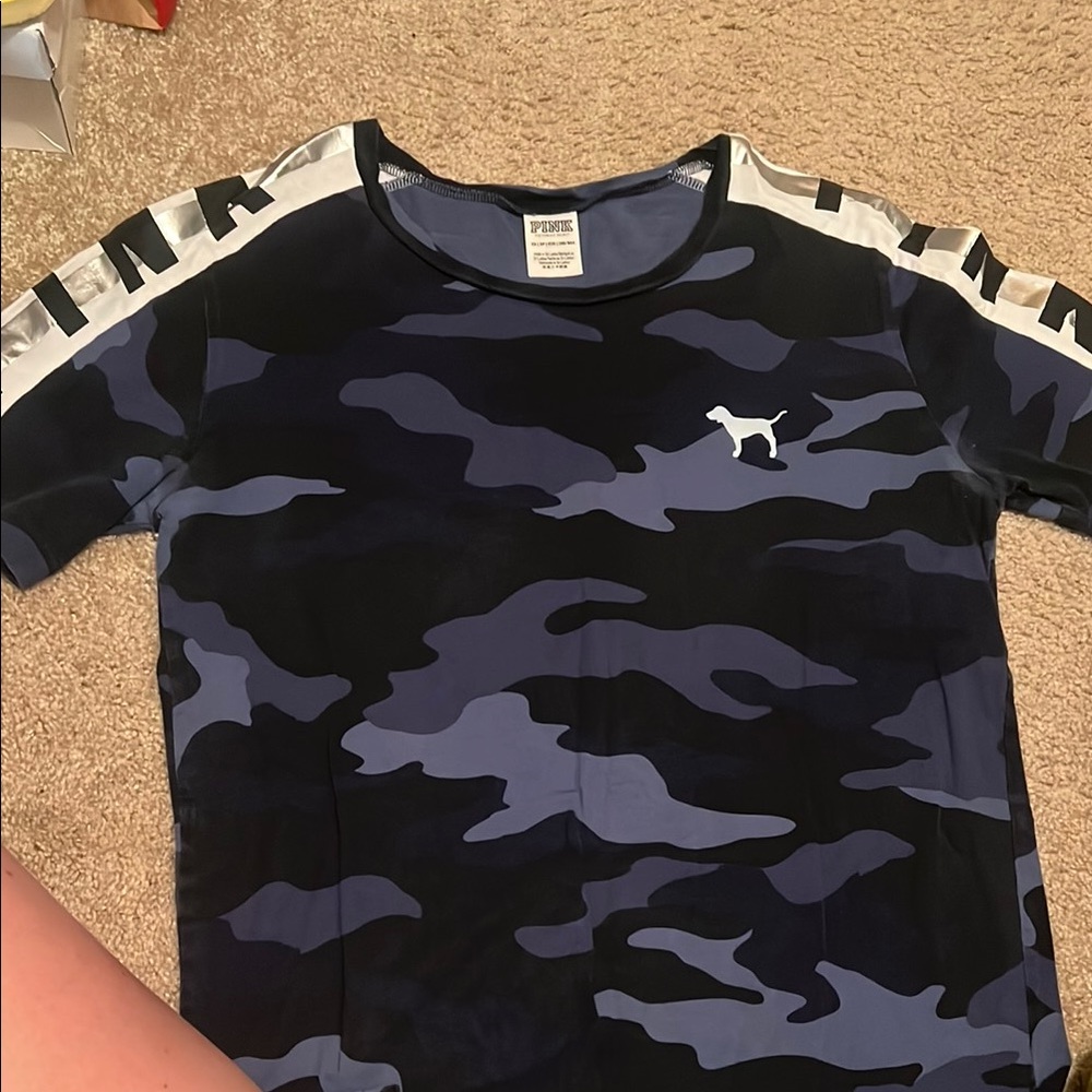 PINK Victoria's Secret Blue and Black Short Sleeve Tee